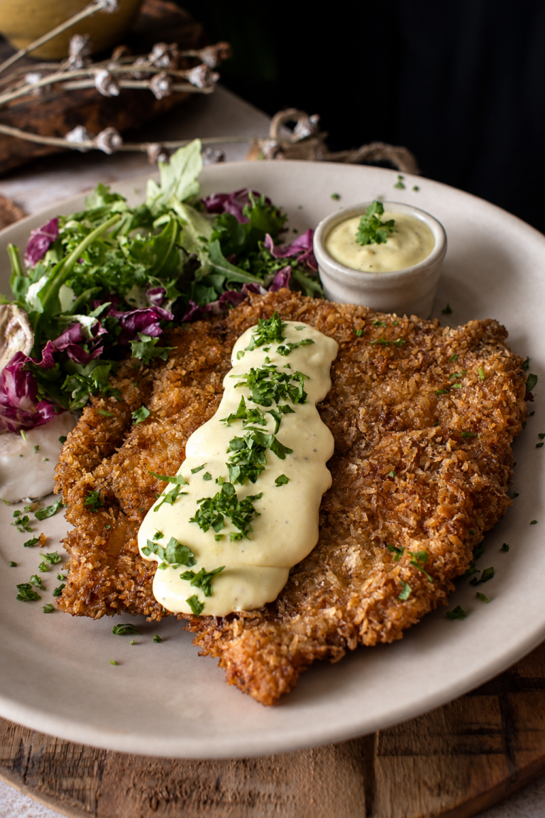Crispy Chicken Schnitzel with Homemade Hollandaise Sauce